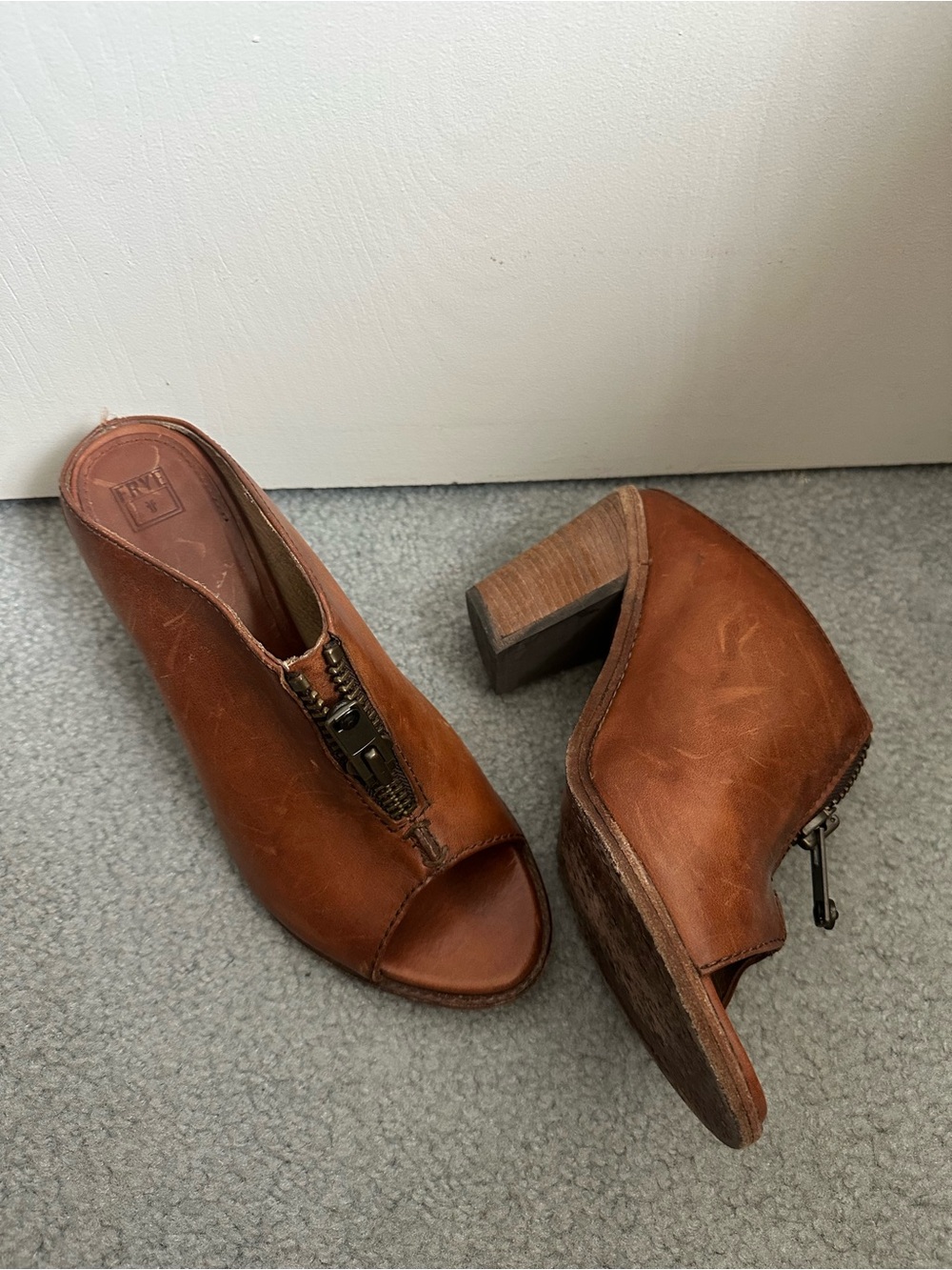 Frye Cognac Leather Peep-Toe Zip Mules